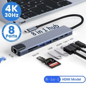 Usb 8 In 1 Type C 3 1 To 4k HdTV Hub Adapter With Sd Tf Rj45 Card Reader Pd Fast Charge For Macbook Notebook Computer