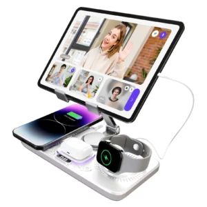 7-in-1 Wireless Charger Station 15W Foldable Fast Charging Alarm Clock Night Light for iPhone 17 16 15 14 Apple Watch AirPods