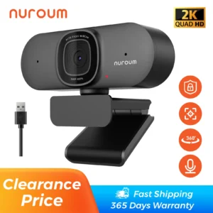 NUROUM Grey Webcam 2K Full Hd 30fps with Microphone USB Video Conference Meetting For Laptop Computer Mac PC, V15AF