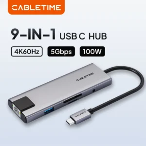 CABLETIME 9 IN 1 USB C HUB 4K@60Hz Video Resolution 5Gbps Data Transmission 1000Mbps Lan Port PD100W Fast Charging for Laptop
